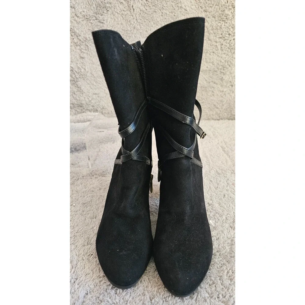 Isaac‎ Mizrahi Scooter Black Suede Leather High Ankle Heeled Boots Womens 6.5M